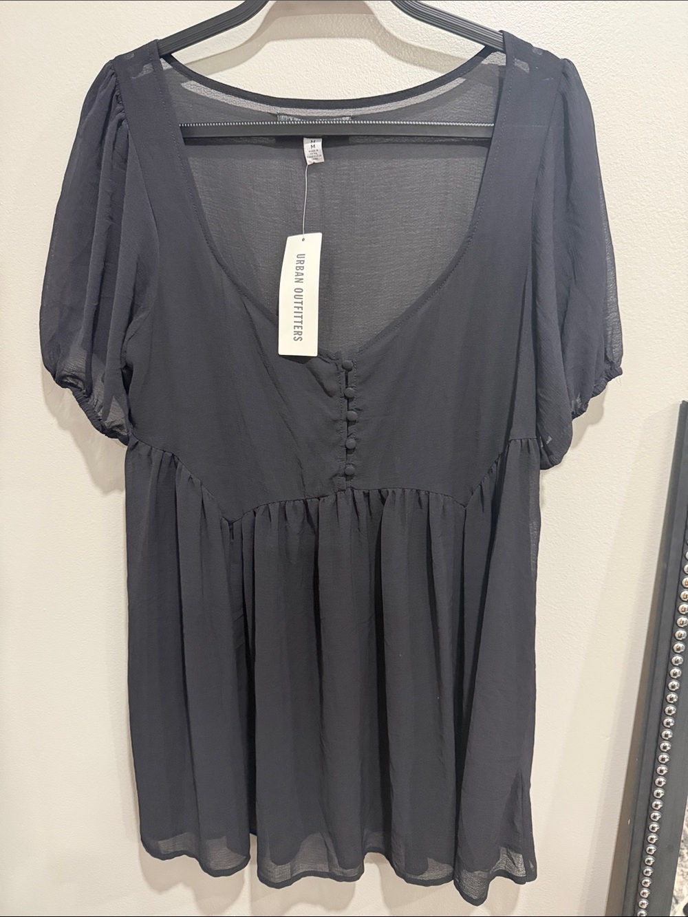 Urban Outfitters Sheer Black V-Neck Puff Sleeve mini dress (Medium)